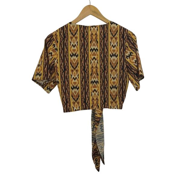 W Southwest Aztec Western Yellow Brown Front Tie CropTop Shirt NWT S Wrap VNeck - Picture 8 of 8
